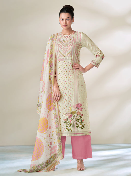 SHWET LIGHT CREAM Pure Cotton Suit Set with Handwork Elegance