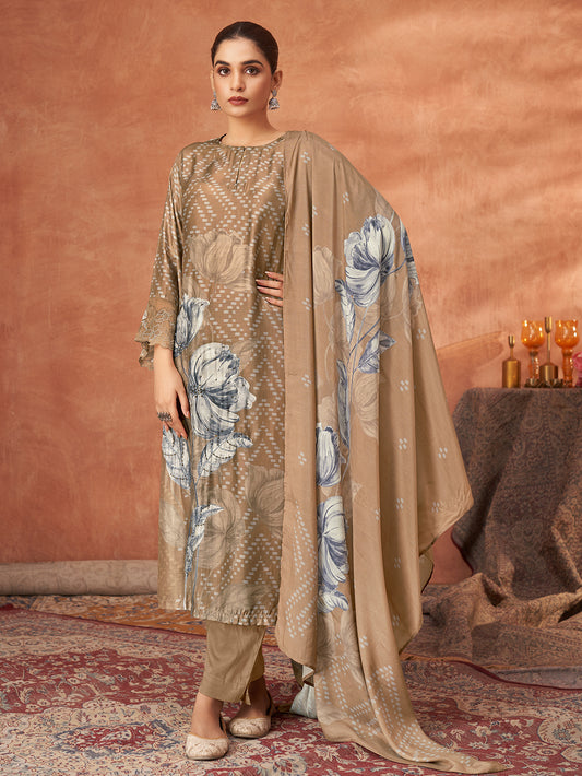SANVI METALLIC BROWN Muslin Unstitched Set With  Handwork &Embroidery Or Threadle