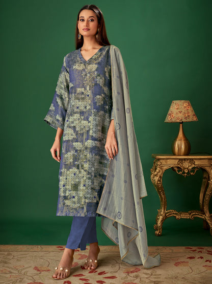 NIYATI Timeless Blue Pure Shimmer Jaquard Suit Set with Exquisite Handwork