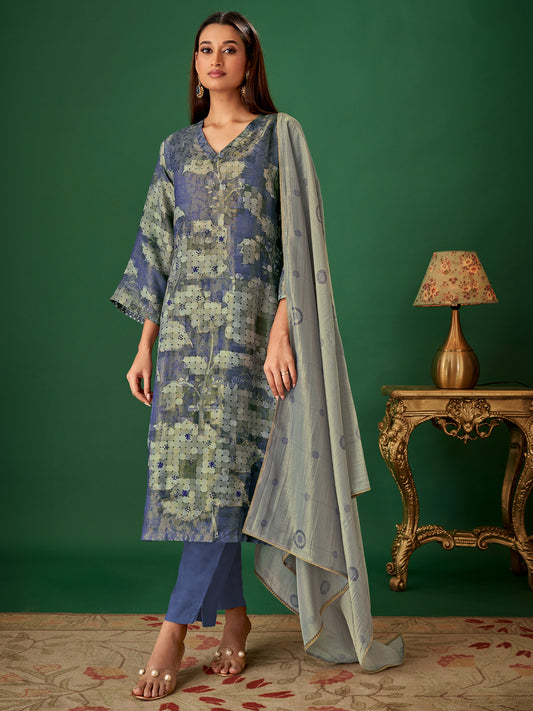 NIYATI Timeless Blue Pure Shimmer Jaquard Suit Set with Exquisite Handwork