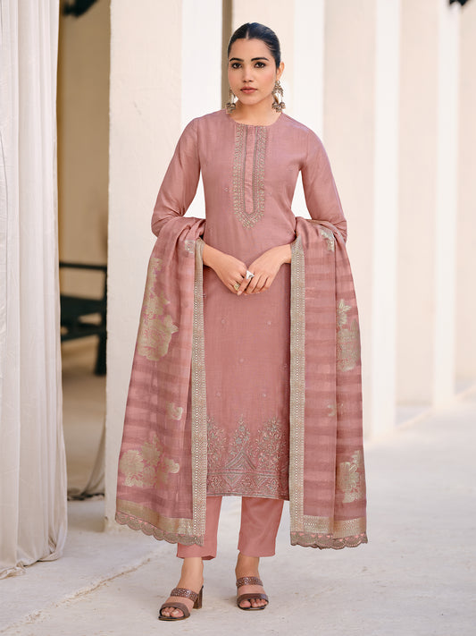 MUGHAL PINK Pure Orgenza Linen Unstitched Set with Stunning Emroidery