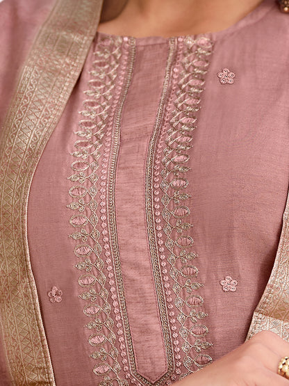 MUGHAL PINK Pure Orgenza Linen Unstitched Set with Stunning Emroidery
