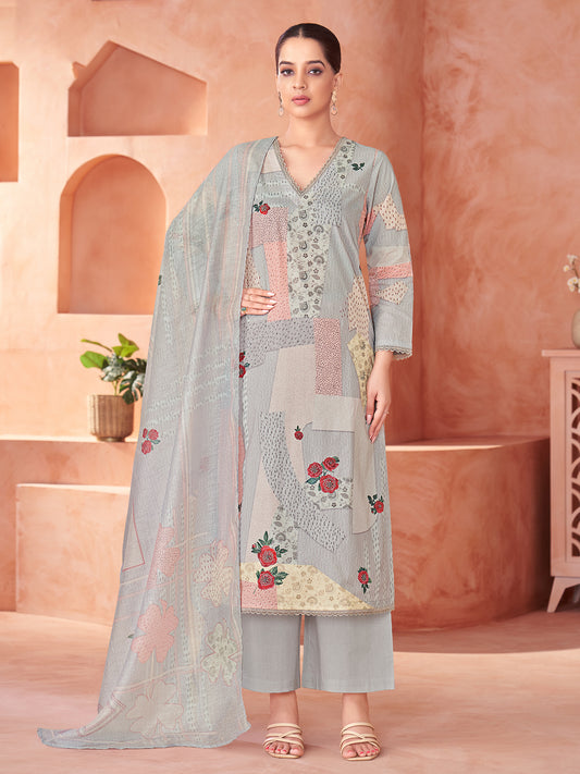 Suvya Grey Pure Cotton Suit Set with Exquisite Handwork