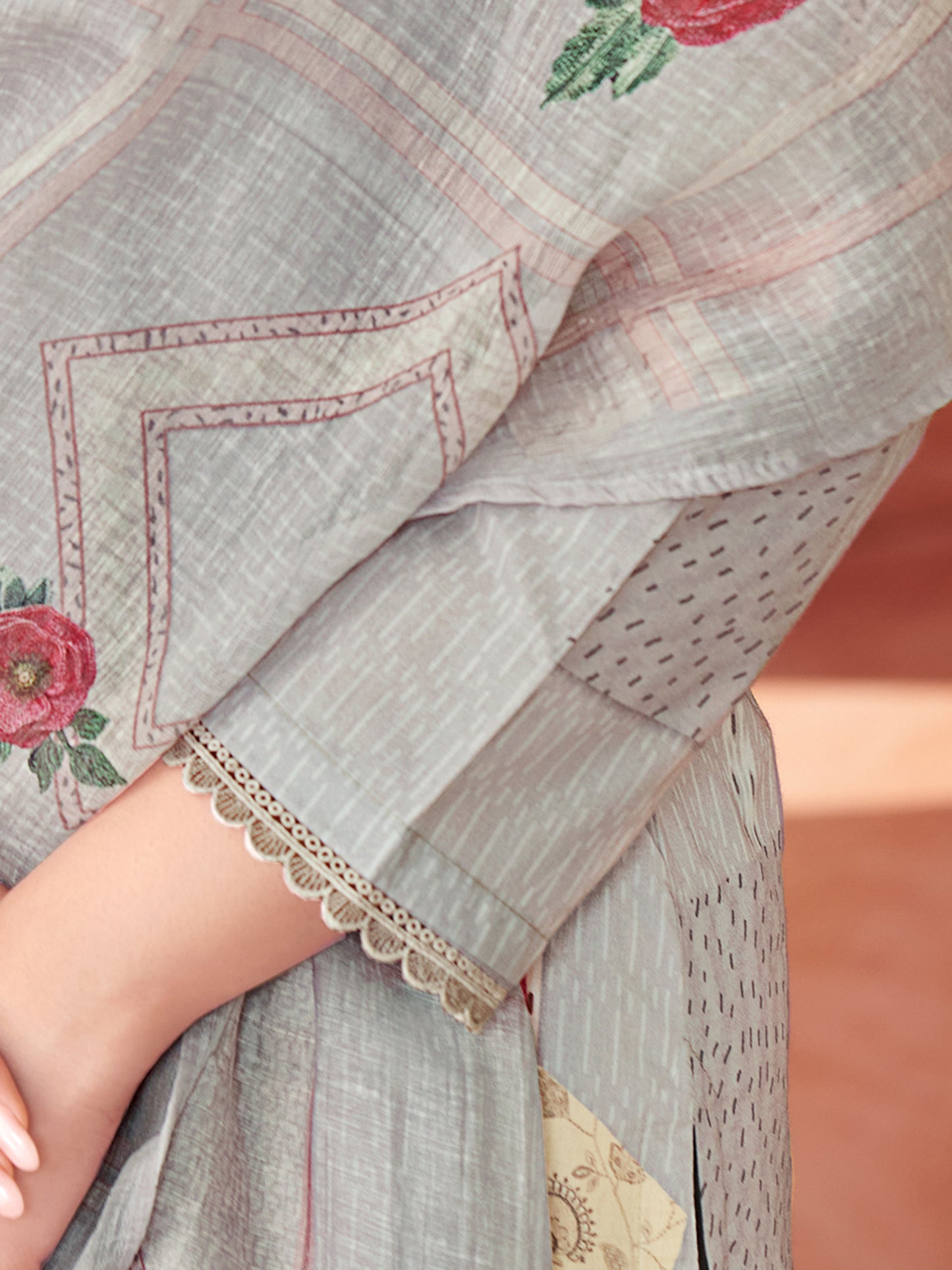 Suvya Grey Pure Cotton Unstitched Set with Exquisite Handwork