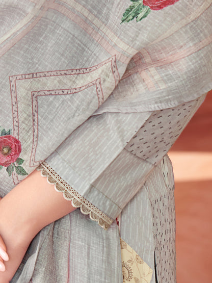 Suvya Grey Pure Cotton Unstitched Set with Exquisite Handwork