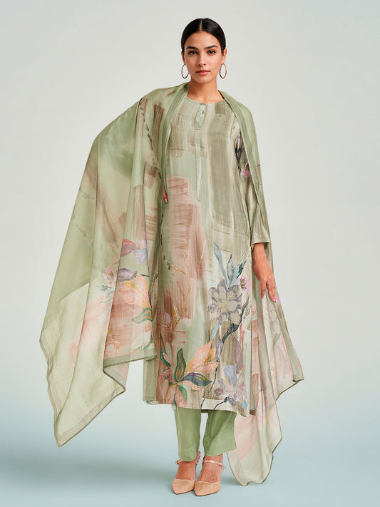 Zeenat Pista Glow Pure Cotton Unstitched Set with Exquisite Handwork