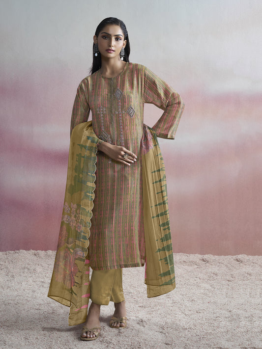 ROOP Light Mahendi Pure Shimmer Tissue Suit Set with Intricate Handwork & Elegant Embroidery