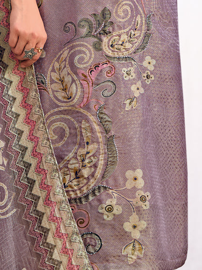 HAYAT VIOLET Organza Tissu Jaquard Unstitched Set With Fancy Handwork And Embroidery
