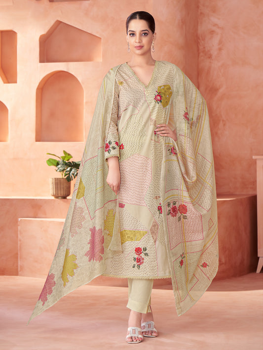 Suvya Cream Pure Cotton Suit Set with Exquisite Handwork