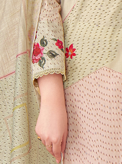 Suvya Cream Pure Cotton Unstitched Set with Exquisite Handwork