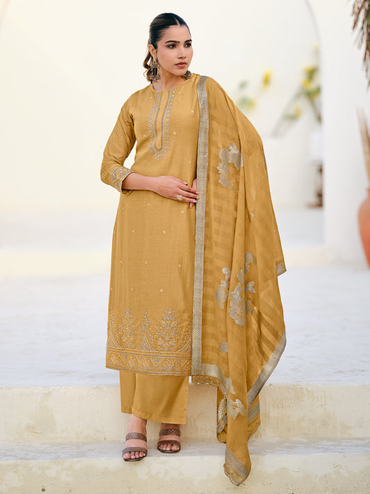 MUGHAL YELLOW Pure Orgenza Linen Unstitched Set with Stunning Emroidery