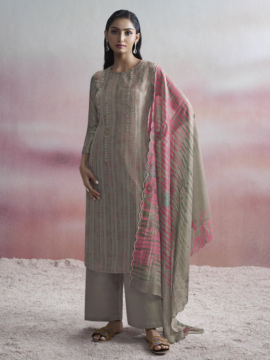 ROOP Elegant Grey Pure Shimmer Tissue Suit Set with Intricate Handwork & Timeless Embroidery