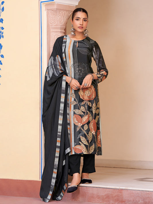 SAKHI BLACK  Muslin Unstitched Set With Fancy Handwork & threadle