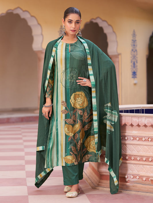 SAKHI RAMA GREEN  Muslin SUIT Set With Fancy Handwork & threadle