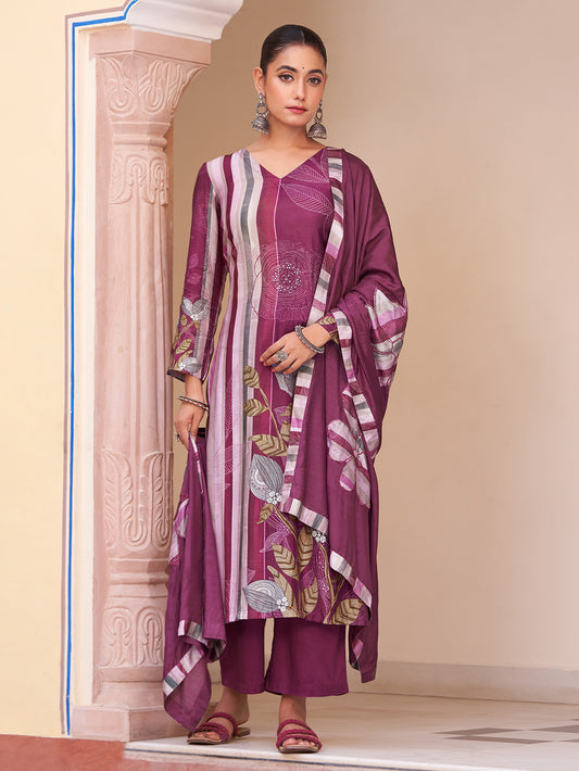 SAKHI WINE  Muslin SUIT Set With Fancy Handwork & threadle