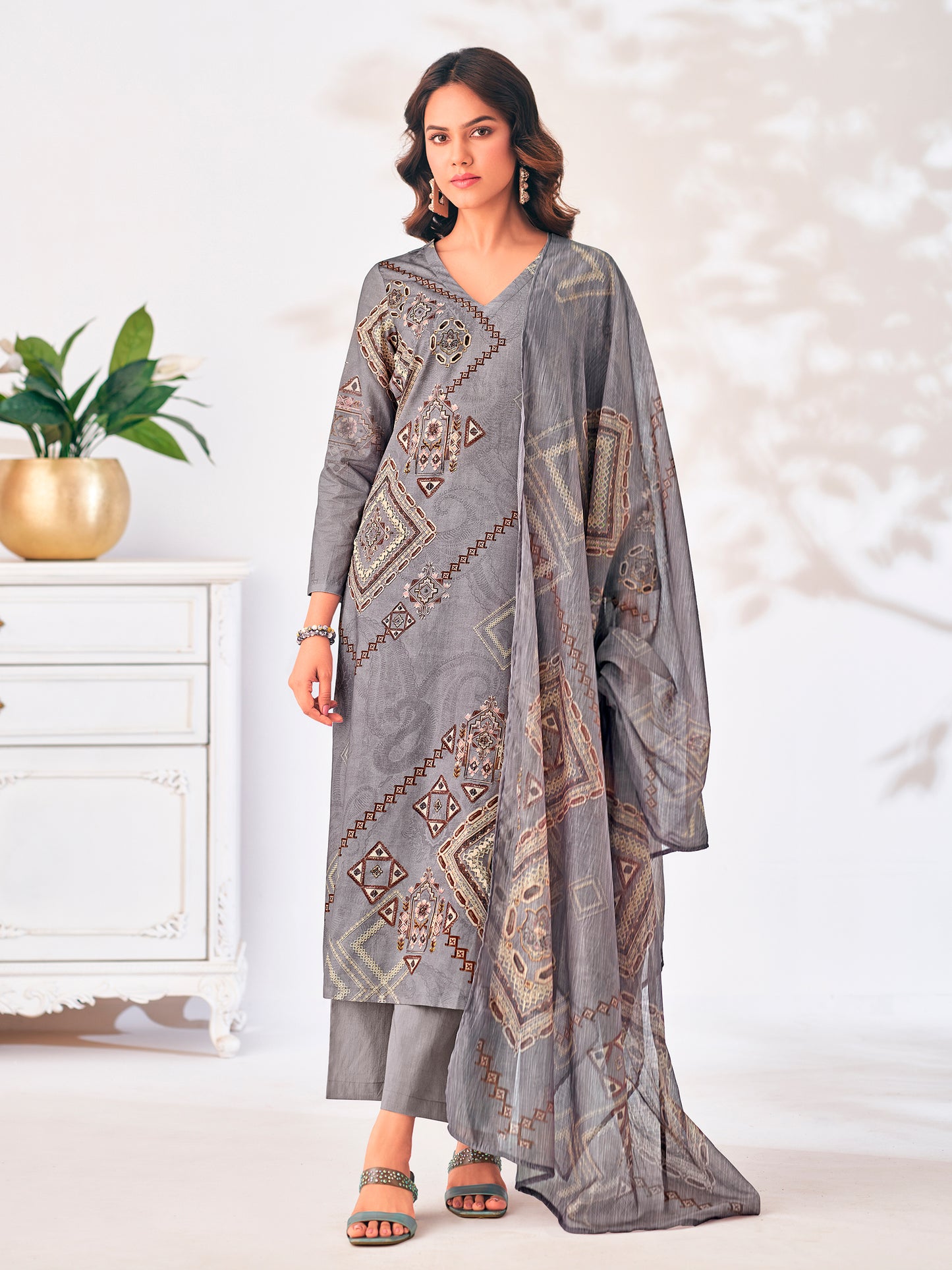 Zerina Grey Radiance Pure Cotton Unstitched Set with Exquisite Handwork