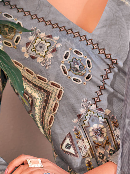 Zerina Grey Radiance Pure Cotton Unstitched Set with Exquisite Handwork