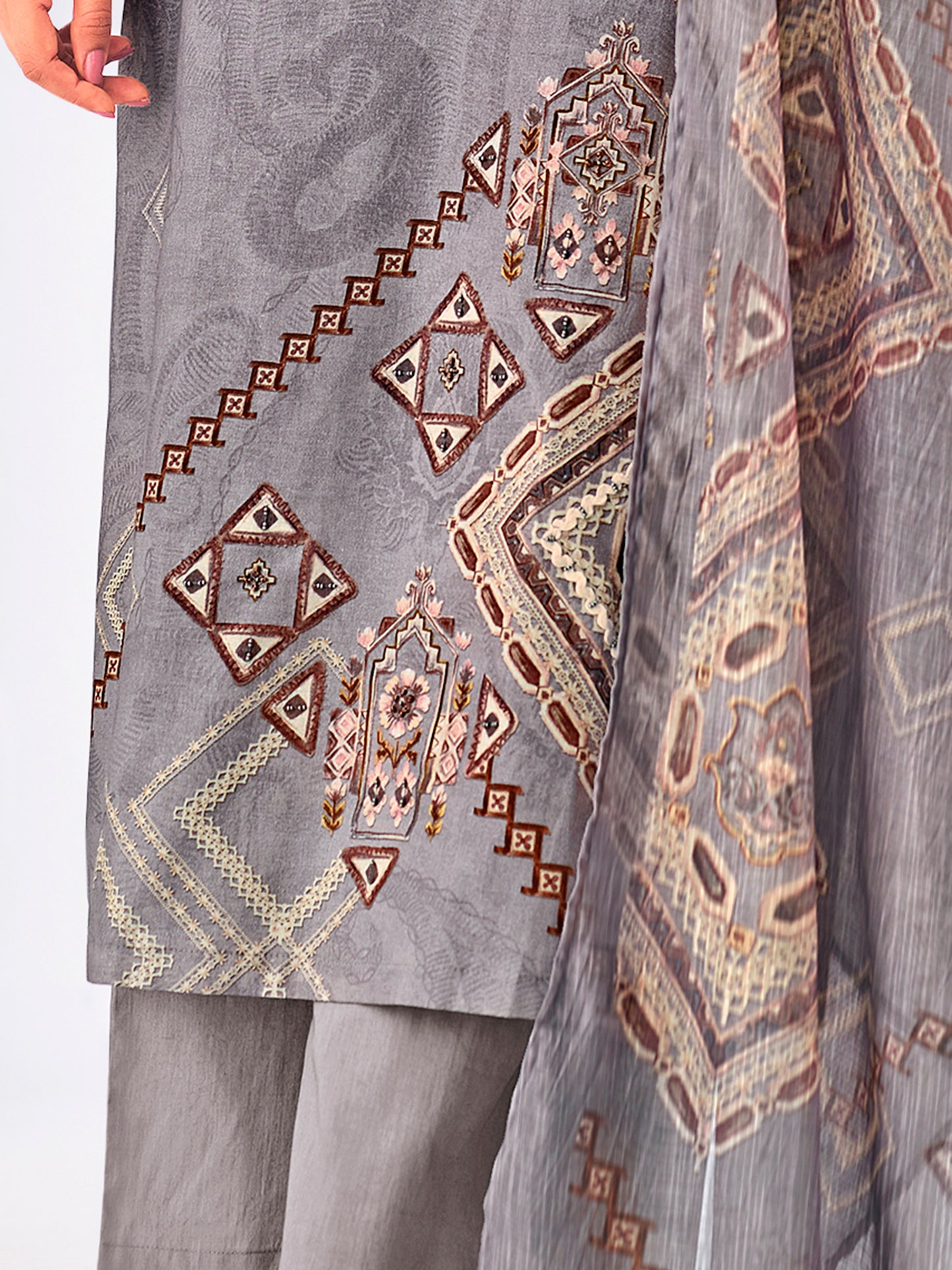 Zerina Grey Radiance Pure Cotton Unstitched Set with Exquisite Handwork