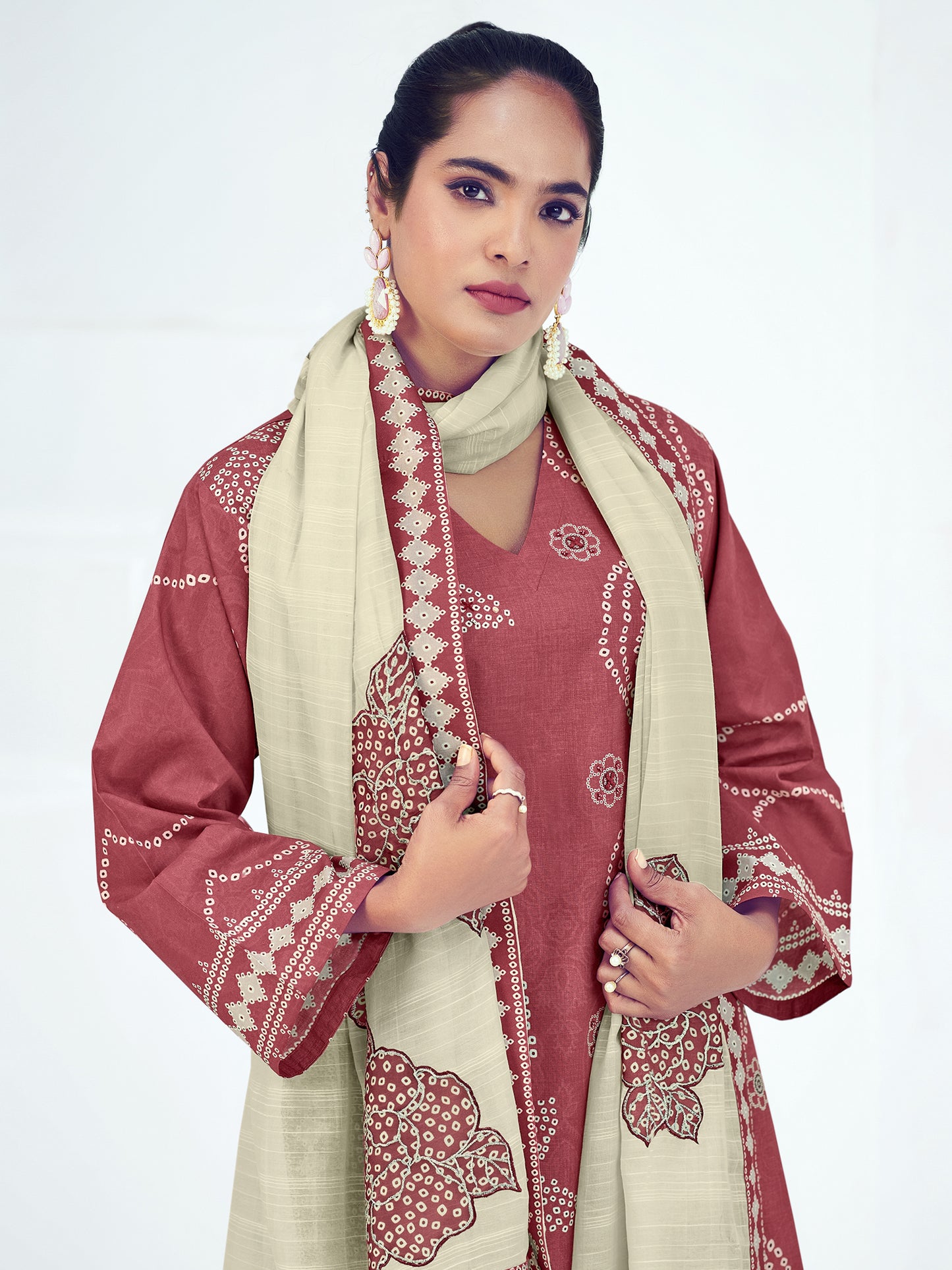 Vrinda Dark Rust Cotton Elegance Unstitched Set with Fancy Handwork & Embroidery