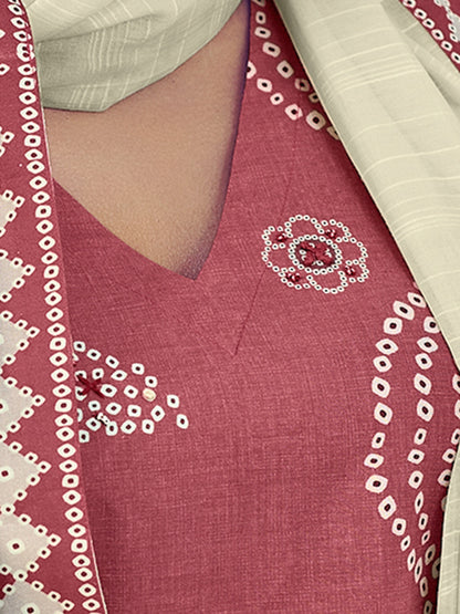 Vrinda Dark Rust Cotton Elegance Unstitched Set with Fancy Handwork & Embroidery