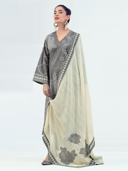 Vrinda Grey Luxe Cotton Unstitched Set with Exquisite Handwork & Embroidery