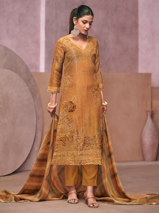 VADANYA MUSTARD BROWN Pure Fancy Linen Zari Unstitched Set With Elegant Handwork, Embroidery & Threadal