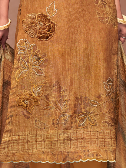 VADANYA MUSTARD BROWN Pure Fancy Linen Zari Unstitched Set With Elegant Handwork, Embroidery & Threadal