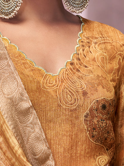 VADANYA MUSTARD BROWN Pure Fancy Linen Zari Unstitched Set With Elegant Handwork, Embroidery & Threadal