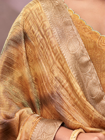 VADANYA MUSTARD BROWN Pure Fancy Linen Zari Unstitched Set With Elegant Handwork, Embroidery & Threadal