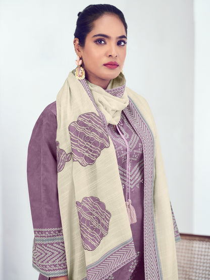 Vrinda Wine Embellished Cotton Unstitched Set with Fancy Handwork & Elegant Embroidery