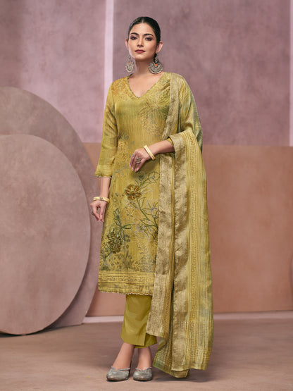 VADANYA OLIVE YELLOW Pure Fancy Linen Zari Unstitched Set With Elegant Handwork, Embroidery & Threadal