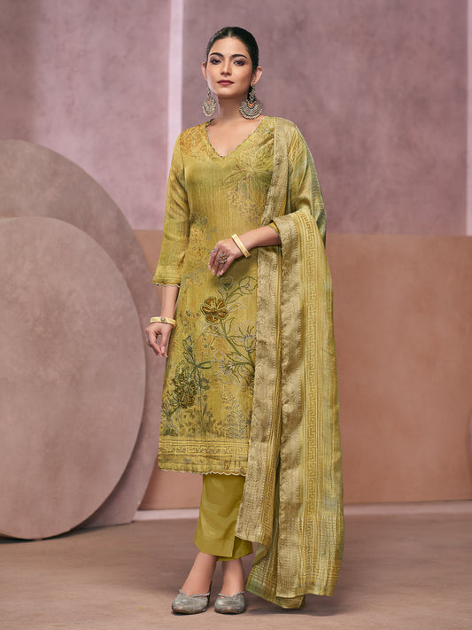 VADANYA OLIVE YELLOW Pure Fancy Linen Zari Unstitched Set With Elegant Handwork, Embroidery & Threadal