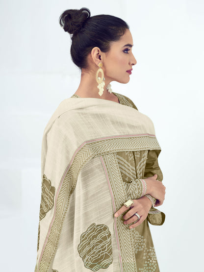 Vrinda Mehandi Elegant Cotton Unstitched Set with Intricate Handwork & Embroidery