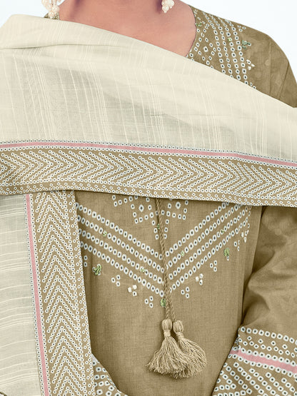 Vrinda Mehandi Elegant Cotton Unstitched Set with Intricate Handwork & Embroidery