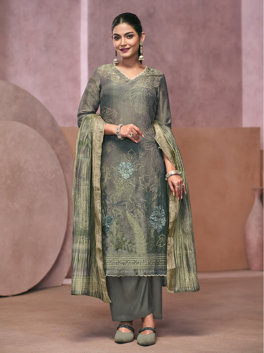 VADANYA DARKFOREST GREEN Pure Fancy Linen Zari Unstitched Set With Elegant Handwork, Embroidery & Threadal