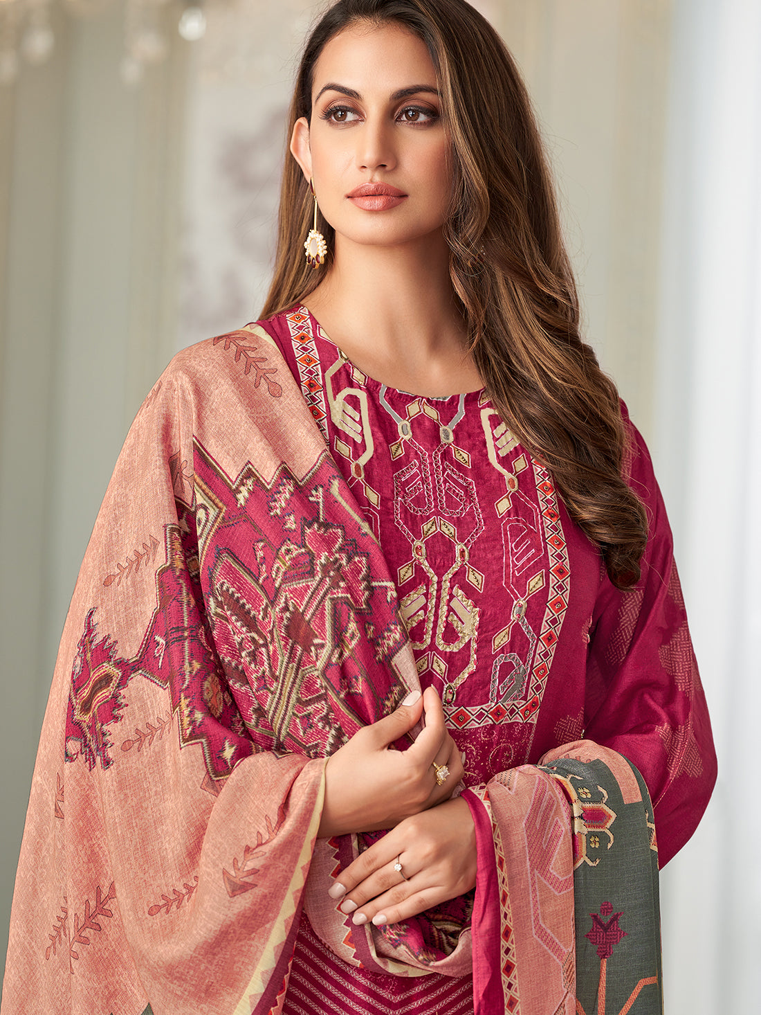 ANVESHA Reddish Maron - Muslin Suit Set With  Handwork