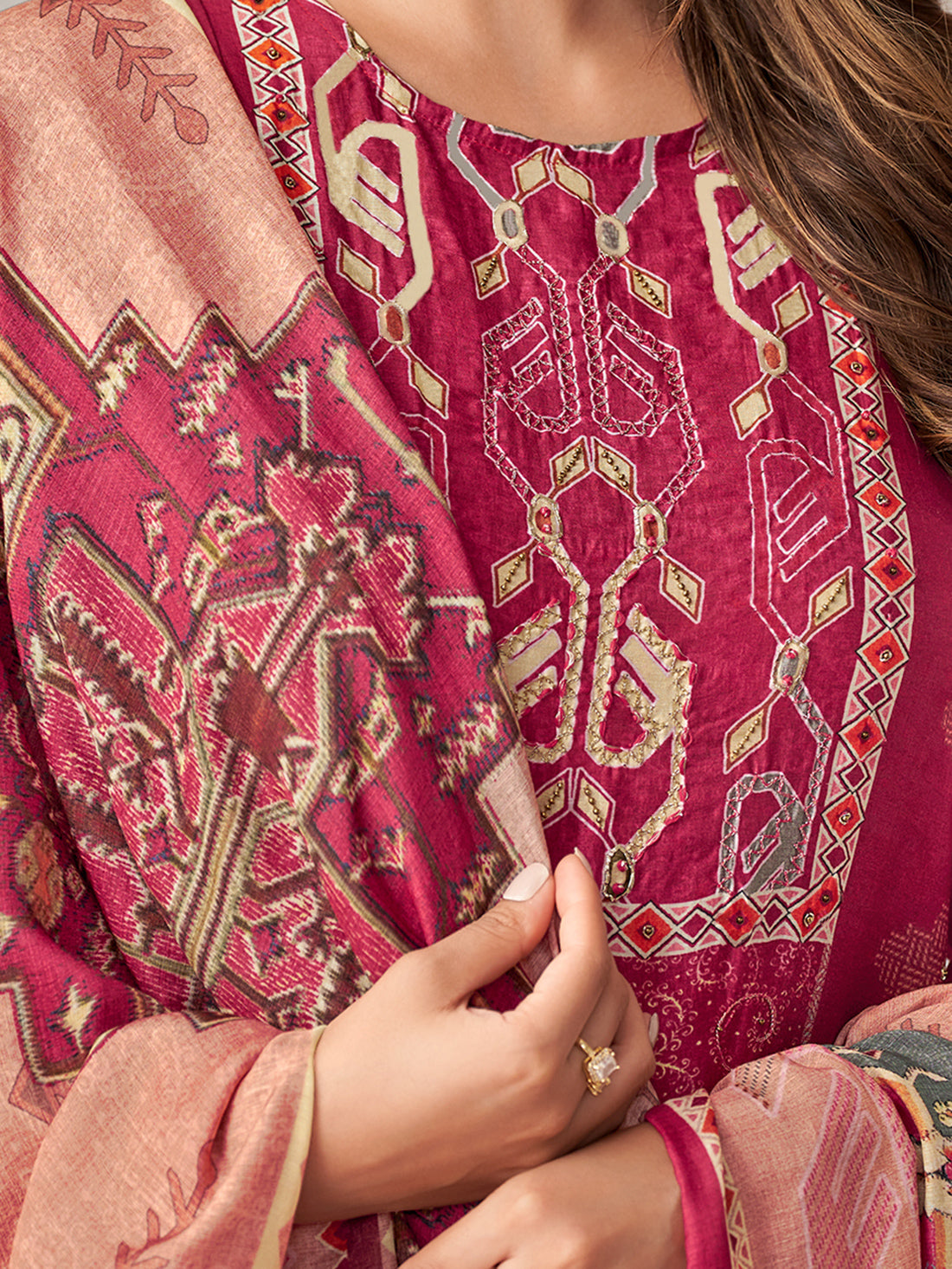 ANVESHA Reddish Maron - Muslin Suit Set With  Handwork