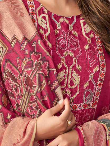 ANVESHA Reddish Maron - Muslin Suit Set With  Handwork