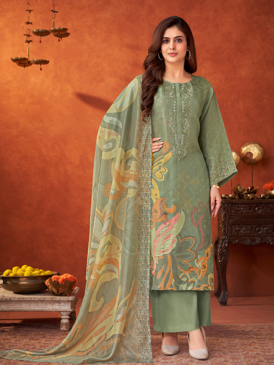 HIMANI Rich Green Pure Shimmer Tissue Suit Set with Handwork, Threadwork & Elegant Embroidery