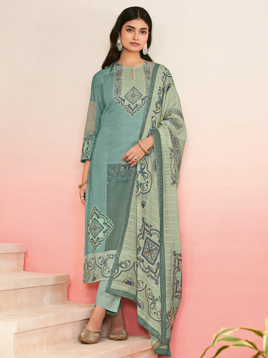 RAHEELA DUSTY TEAL Pure Cotton Unstitched Set with Intricate Handwork
