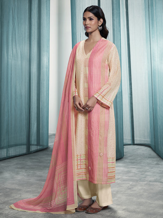 Lakeer Pink Pure Viscose Linen Unstitched Set with Elegant Handwork