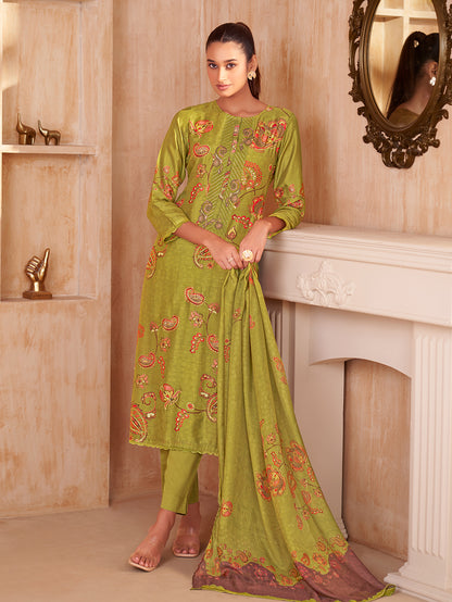 AKANSHA DARK LIRIL Muslin Unstitched Set With Fancy Handwork &Embroidery