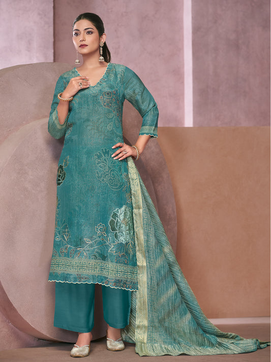 VADANYA DARK BLUEGREEN Pure Fancy Linen Zari Unstitched Set With Elegant Handwork, Embroidery & Threadal