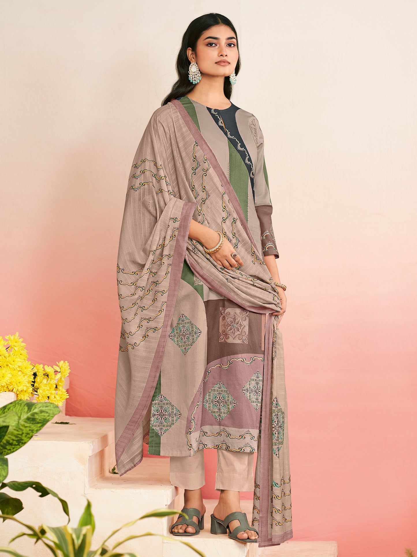 RAHEELA BEIGE  Pure Cotton Unstitched Set with Intricate Handwork