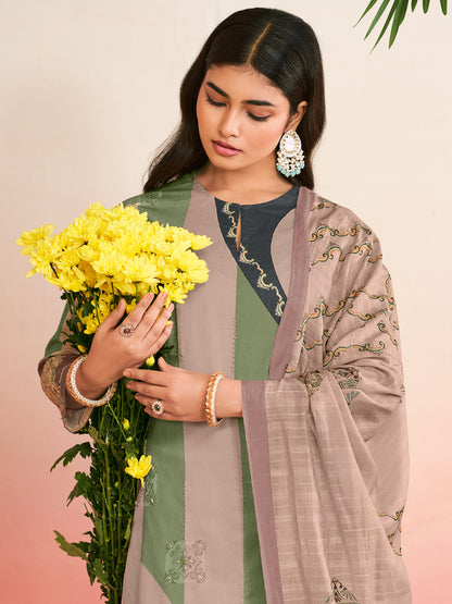 RAHEELA BEIGE  Pure Cotton Unstitched Set with Intricate Handwork