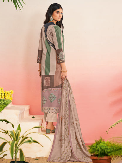 RAHEELA BEIGE  Pure Cotton Unstitched Set with Intricate Handwork