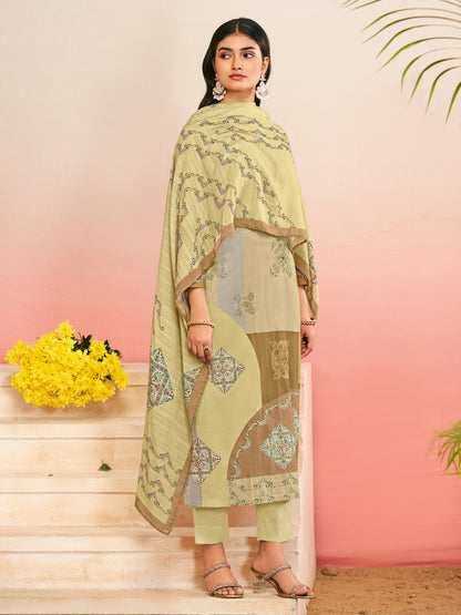 RAHEELA LIGHT YELLOW  Pure Cotton Unstitched Set with Intricate Handwork