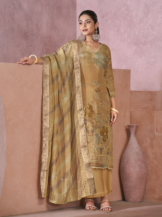 VADANYA DARK CHICKU Pure Fancy Linen Zari Unstitched Set With Elegant Handwork, Embroidery & Threadal