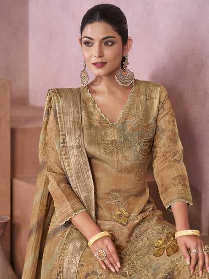 VADANYA DARK CHICKU Pure Fancy Linen Zari Unstitched Set With Elegant Handwork, Embroidery & Threadal