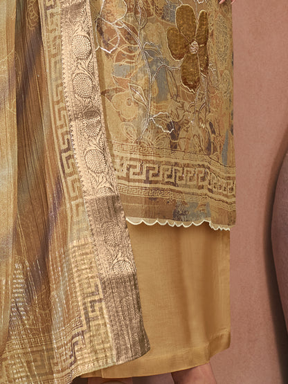 VADANYA DARK CHICKU Pure Fancy Linen Zari Suit Set With Elegant Handwork, Embroidery & Threadal